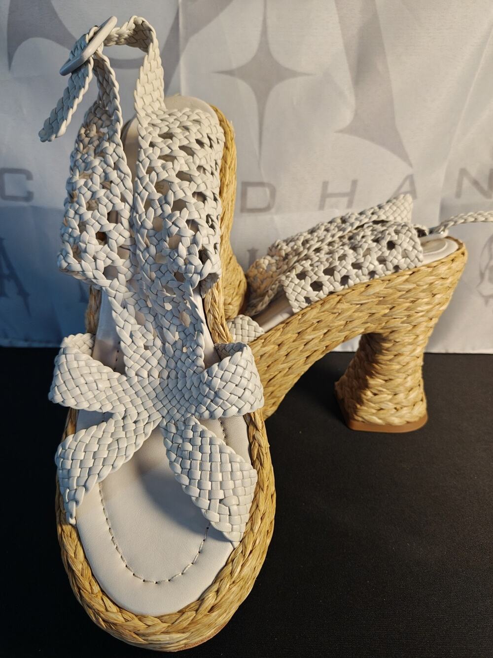 PALOMA BARCELO $380 Women's 41 (10) Xia Weave Raffia Luxury Shoe Heels White